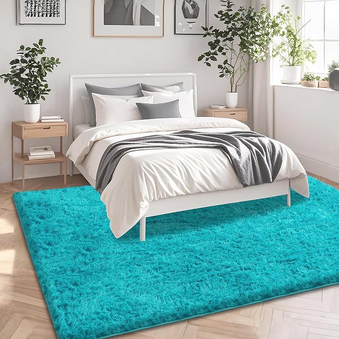 5x7 Teal Fluffy Shag Area Rugs for Living Room Bedroom Nursery | Ultra Soft Comfy, Fuzzy Shaggy Plush Carpet for Kids Boys Girls Teen Dorm, Modern Indoor Home Decor, Upgrade Non-Slip
