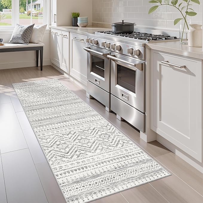 Miukiki 2x6 Hallway Runner Rug Moroccan Washable Runner Rug with Soft Low Pile and Non-Slip Backing Indoor Carpet for Kitchen Entryway Living Room Bathroom and Laundry Room (Grey,2'x6')