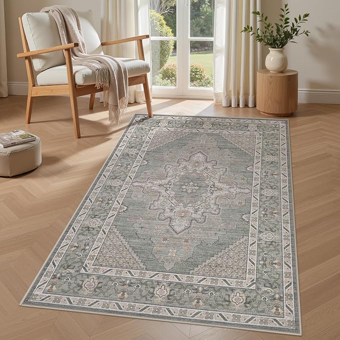 Tortania Area Rug Living Room Rugs - 3x5 Washable Rug Vintage Oriental Distressed Farmhouse Small Thin Indoor Carpet for Living Room Bedroom Under Dining Table Home Office - Green Gray