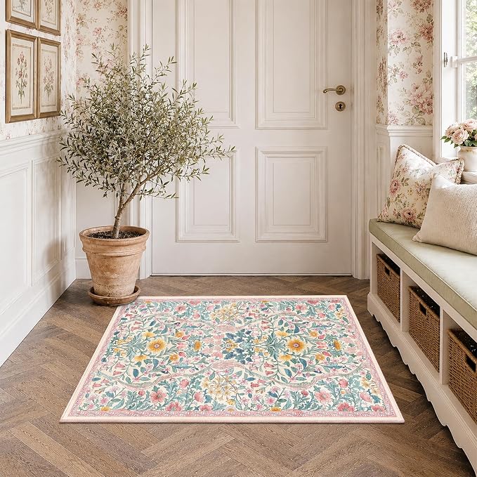 Floral 2x3 Entryway Rug,Washable Front Door Mat Indoor Non Slip Low Pile Small Carpet, Soft Pink Boho Botanical Throw Rug for Bathroom Bedroom Kitchen Laundry Indoor Entrance