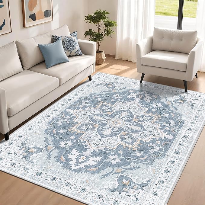 4x6 Area Rug, Soft Non-Slip Vintage Medallion Rug, Low-Pile Printed Indoor Washable Area Rugs for Living Room, Bedroom Bedside, Entryway, Kitchen -Blue/Gray | Low-Pile Printed Indoor Washable Area Rugs for Living Room, Bedroom Bedside, Entryway, Kitchen
