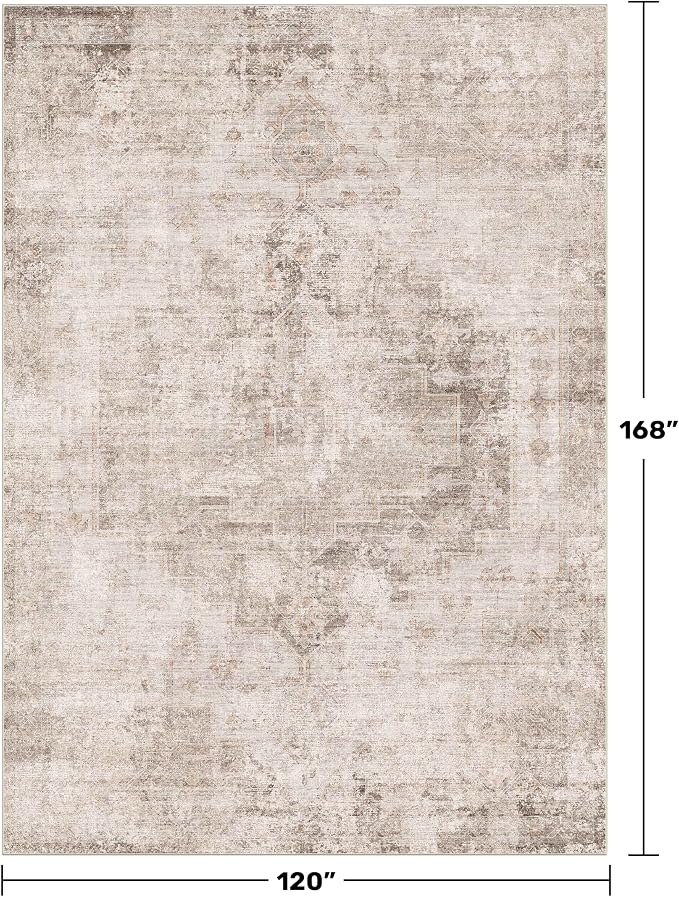 Hazo Haus Neutral Living Room Rug - 10x14 Farmhouse Beige Brown Large Area Rug for Dining Room, Bedroom, Low Pile Lightweight Washable
