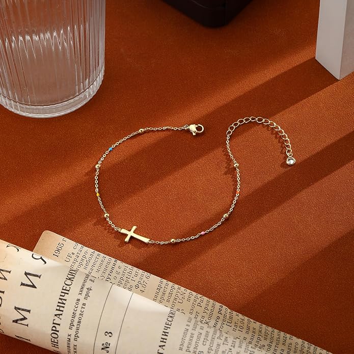 Ankle Bracelets for Women 14K Gold/Silver Plated Cross Heart Bead Anklet Waterproof Adjustable Chain Non Tarnish Cute Boho Trendy Dainty Summer Beach Foot Jewelry Gift for Her