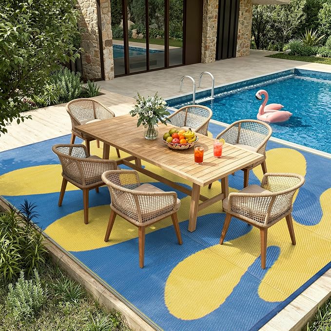 Lahome Sea Coral 9x12 Picnic Beach Rug, Reversible Outdoor Pool Rv Camping Rug, Waterproof Plastic Straw Blue and Yellow Mats for Outside Camping Patio Deck, Blue 9'x12'