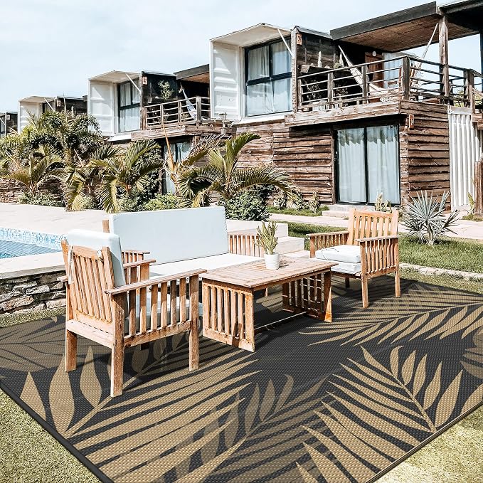 GENIMO Outdoor Rug, Waterproof Plastic Rugs for Patio, 10'x10' Black Brown | Outside Larger Leaf Carpet Mat for Porch Decor, Deck, Camping, RV, Backyard, Balcony, Picnic, Beach, Reversible, Foldable