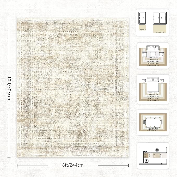 8x10 Area Rugs for Living Room, Washable Vintage Retro Floral Rug, Low Pile Non Slip Distressed Large Carpet for Bedroom, Dining Room, Office, Home (Beige)