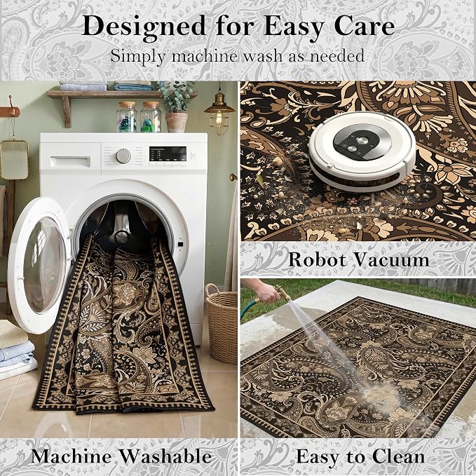 Arenarug Paisley Outdoor Rug Waterproof 9x12, UV Resistant Non Slip Patio Rug, Indoor Outdoor Boho Camping Rug Linen-Look RV Carpet for Deck Balcony Backyard, Taupe