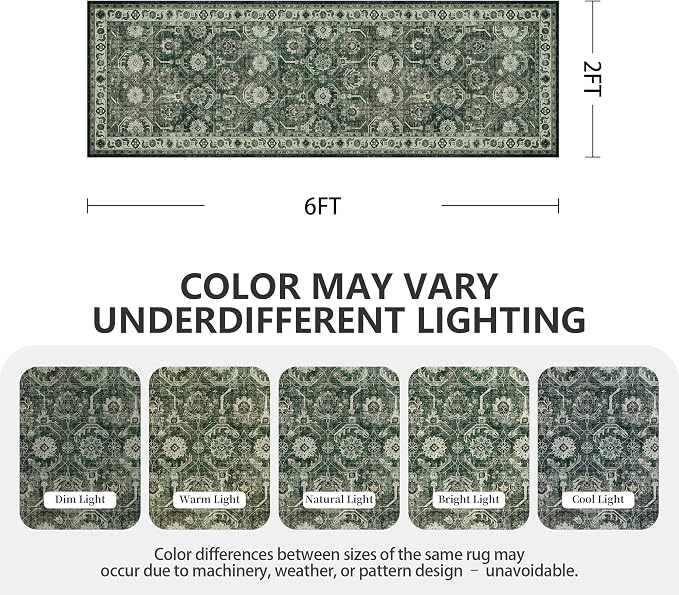 Runner Rug 2x6, Washable Non Slip Low Pile Kitchen Runner, Soft Boho Modern Rug for Hallways, Bedroom, Sage Green