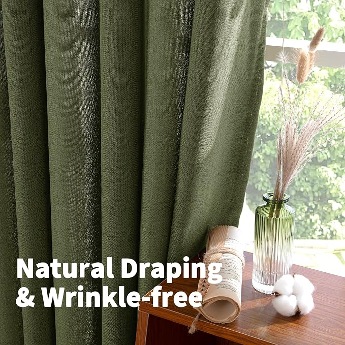 YoungsTex Olive Linen Curtains 80 Inch Length for Living Room, Light Filtering Window Drapes with Bronze Grommet Textured Privacy for Bedroom Farmhouse Decorative, 52 x 80 Inch, 2 Panels