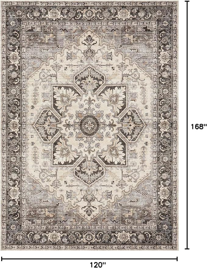 Area Rug for Living Room - 10x14 Soft Machine Washable Oriental Vintage Floral Distressed Large Indoor Floor Carpet for Bedroom Under Dining Table Home Office Decor - Grey Brown