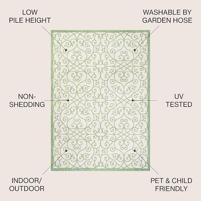 JONATHAN Y Vintage Filigree Indoor Outdoor Area Rug 9X12 Cream/Green, Madrid Textured Weave for Backyard, Patio, Porch, Easy-Cleaning, High Traffic, Pet-Friendly, Non-Shedding (SMB107J-9)
