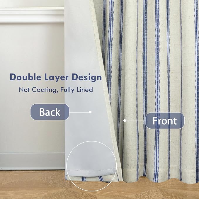 DriftAway Farmhouse Stripe Blackout Curtains, W52xL84, Navy | Blackout, Linen Texture, Stripe Pattern, Rod Pocket & Back Tab, Two Layers, Bedroom Living Room Use, Sound Reducing Design