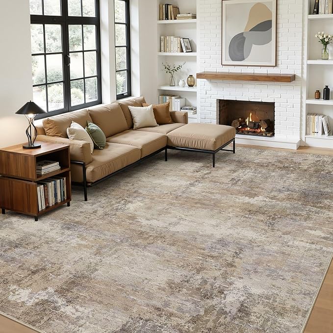 10x12 Large Area Rugs for Living Room, Washable Soft High-Low Pile | Neutral Modern Abstract Carpet, Non Slip Lightweight Made for Dining Room, Nursery, Home Office Indoor Decor - Dark Brown