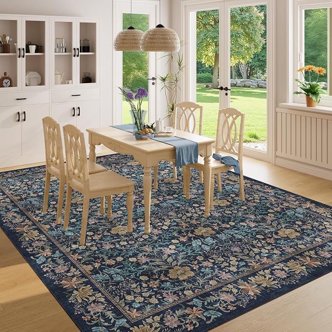 DUKINO 8x10 Area Rug, Vintage Floral Washable Rug for Living Room Dark Blue | Non Slip, Low Pile, Non-Shedding, Stain Resistant, Aesthetic Soft Indoor Large Carpet for Bedroom, Dining Room, Farmhouse