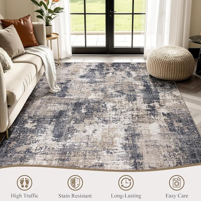 Sasttie 5x7 Soft Area Rug for Living Room, Modern Abstract Washable Carpet for Bedroom, with Non-Slip Backing, Black and Beige