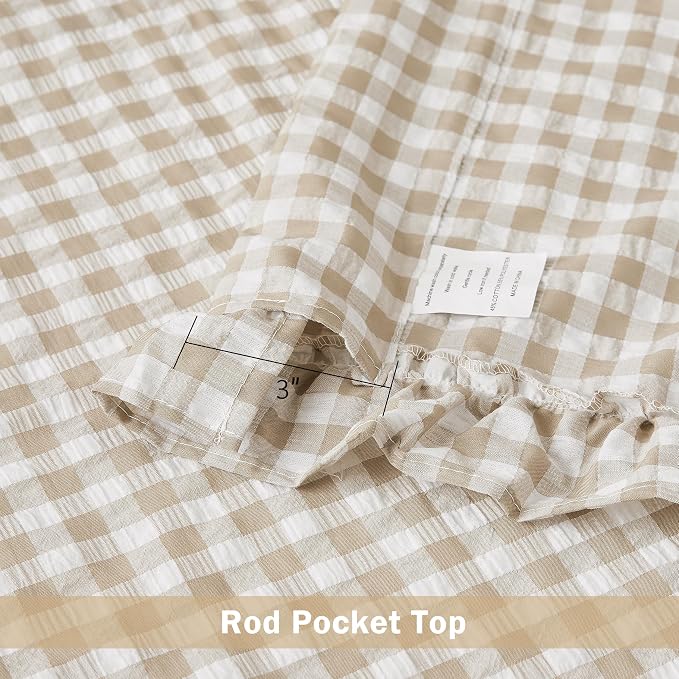 ZJDECOR 63 Inch Khaki Buffalo Plaid Ruffle Window Curtains for Bedroom | Crinkle Not-See-Through Sheer Panels,Cozy Buffalo Check Pattern Drapes,Farmhouse Window Treatment,Rod Pocket,40"Wx63"Lx2