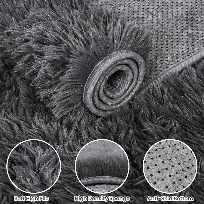 2x6 Bedside Area Rugs for Bedroom: Soft Fluffy Shag Gray Rug for Hallway, Non-Slip Fuzzy Plush Living Room Rug Indoor Floor Carpet for Kids Rooms, Dorm, Nursery, Modern Home Aesthetic Decor