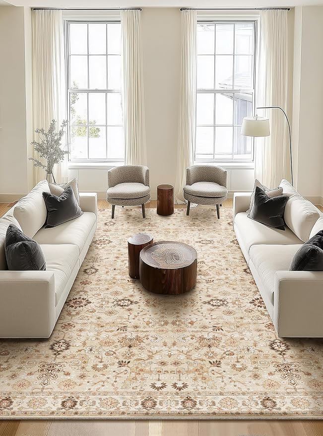 Washable Rugs for Living Room: 10x14 Area Rugs for Bedroom Ultra Soft Non-Slip Stain Resistant Vintage Boho Large Carpet for High-Traffic Dining Room - Farmhouse Decor