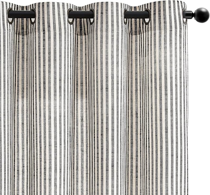 Vangao Linen Stripe Black Curtains Tickingstripe Light Filtering Window Curtains Pinstripe Printed on Beige Drapes 96 Inches Long for Living Room Bedroom Dorm 2 Panels