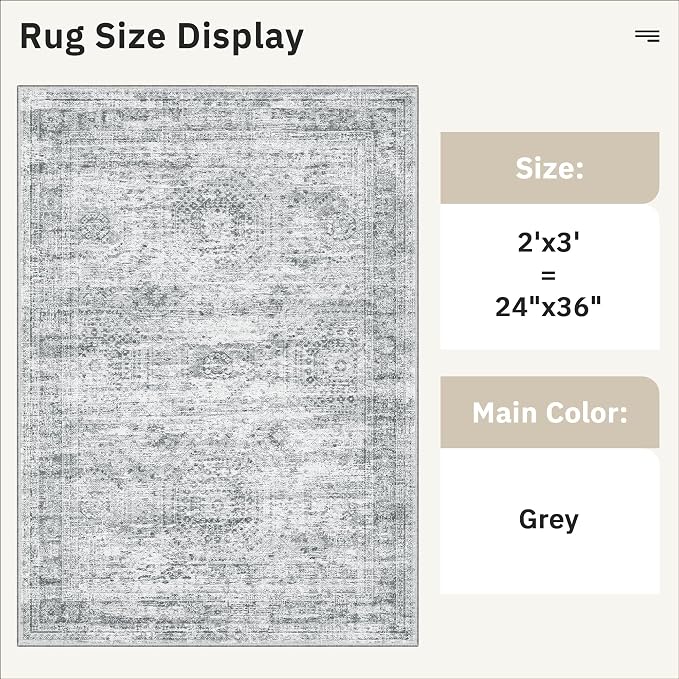 Soalmost 2x3 Washable Rugs for Kitchen, Floor, Entryway, Powder Room Small Area Rug Non-Slip Vintage Low Pile Throw Door Mat Grey
