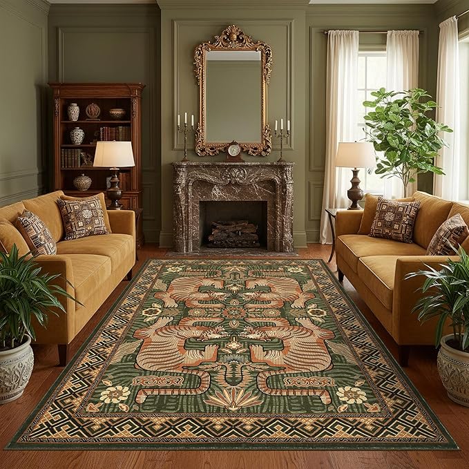 GarveeHome Tibetan Tiger 5x7 Area Rugs, Boho Green Washable Rugs for Living Room, Vintage Tribal Soft Animal Print Throw Rug Non Slip Ultra Thin Stain Resistant Floor Carpet for Office Bedroom