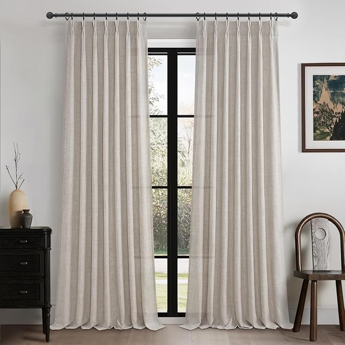 Greyish Brown Pinch Pleated Light Filtering Room Divider Curtains 95 Inches Long 2 Panels Set, Memory Trained Natural Linen Semi Sheer 94-96 Inch Non See Through Privacy Decorative Window Drapes Burg