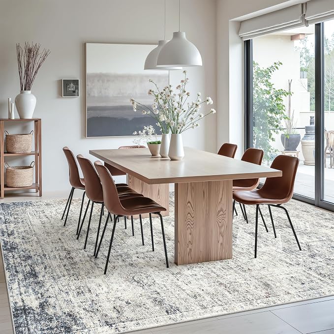 Soalmost Washable Area Rug 8x10, Large Soft Rugs for Living Room Vintage 8x10 Area Rugs for Bedroom Dining Room Non-Slip Stain Resistant Under Table Blue Ivory Rug