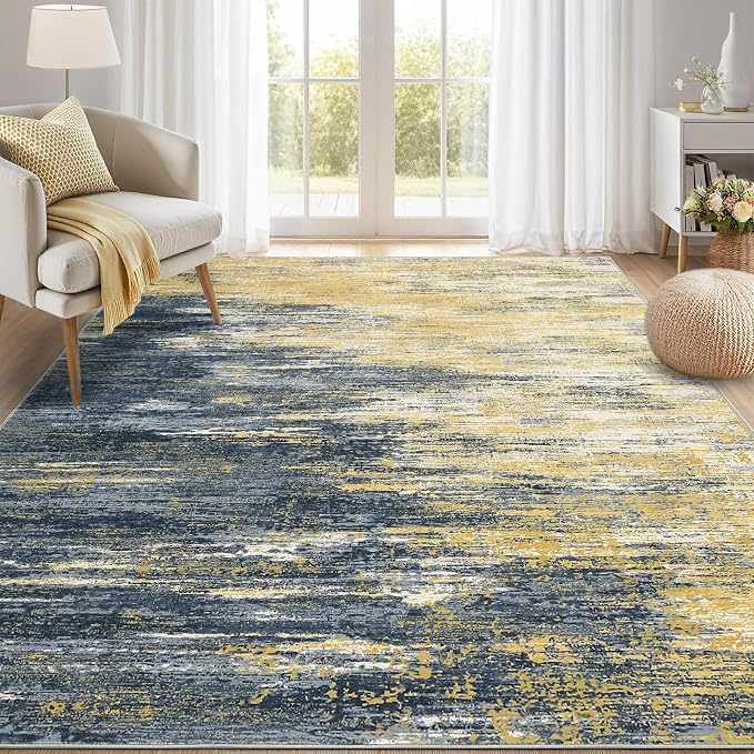 ROYHOME Modern Abstract Living Room Rug 8x10, Washable Area Rugs for Bedroom, Stain Resistant Non Slip Large Rug, Soft Indoor Carpet for Dining Room Table Home Decor, Yellow/Black