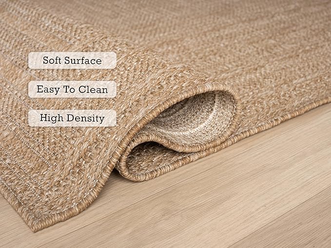 Berry Easy Jute Indoor Outdoor Rug, 8x10 Neutral Bordered Jute Look, Weather Resistant, Easy Care, Lightweight Outdoor Farmhouse Carpet for Patio, Porch, Living Room(8' x 10', Natural)