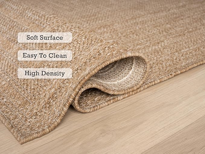 Berry Easy Jute Indoor Outdoor Rug, 6x9 Neutral Bordered Jute Look, Weather Resistant, Easy Care, Lightweight Outdoor Farmhouse Carpet for Patio, Porch, Living Room (6' x 9', Natural)