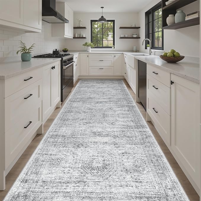 Soalmost 4x12 Wide Hallway Runners: Washable 12ft Runner Rug for Entryway Living Room Soft Vintage Non Slip Carpet Runner for Kitchen Dining Room Nursery Bedroom (Grey, 4x12ft)