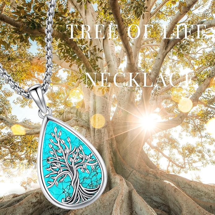 Jewelry Gifts - Tree of Life Necklace Sterling Silver Abalone Shell/Opal/Moonstone/Black Onyx/Turquoise/Malachite/Crystal Family Tree of Life Jewelry for Women Men