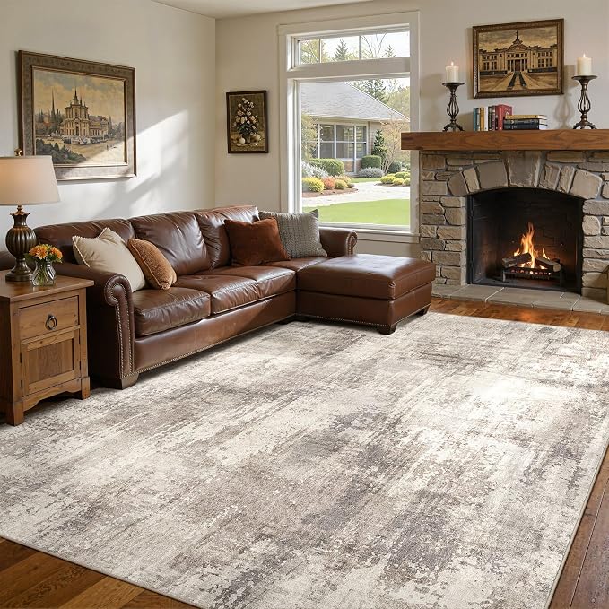DMOYEST 8x10 Area Rug for Living Room, Washable & Non Slip Large Indoor Carpet, Kid & Pet Friendly Soft Thin Low Pile Abstract Rug for Bedroom and Office - Pale Brown
