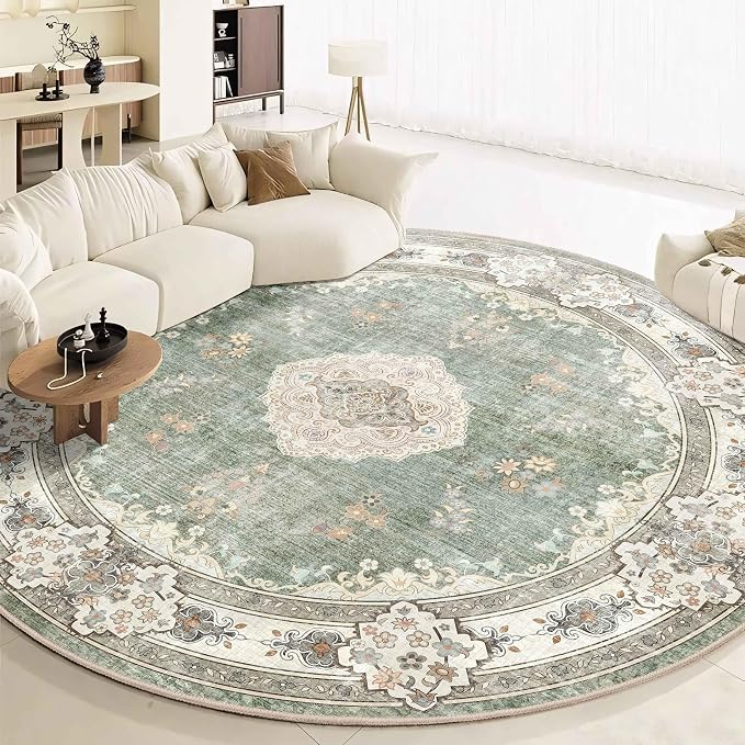 MUJOO Green Round Rug 9ft,Circle Washable Area Rug Non Slip Floral | Large Circular Rugs for Living Room Bedroom Dining Room Boho Throw Carpet Low-Pile Soft Floor Indoor Flowers Sage Green