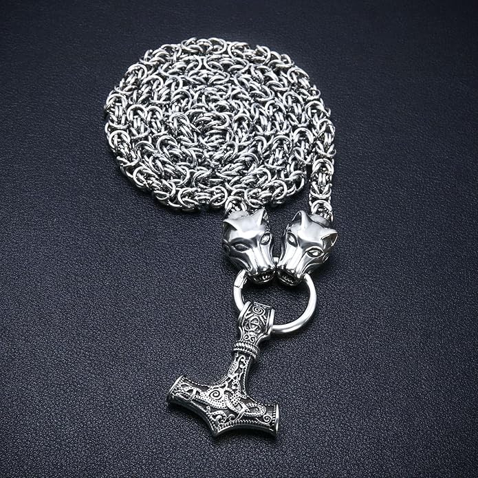 BAVIPOWER Viking Amulet Pendant with Big Wolf Head Chain Necklace 316L Stainless Steel Norse Scandinavian Necklace Authentic Viking