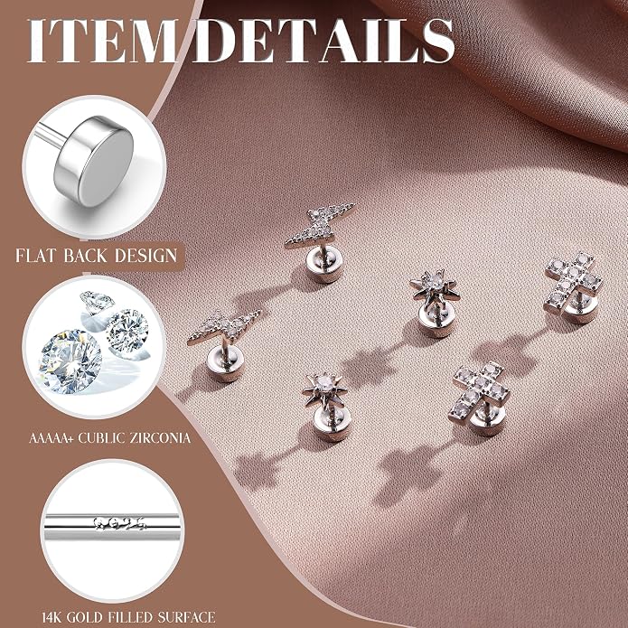 14K Gold Plated Solid 925 Sterling Silver Post Flat Back Earrings Stud | Cartilage Helix Conch Tragus Piercing Jewelry 3 Pairs Tiny Screw Dainty CZ Opal Earring Set Men Women