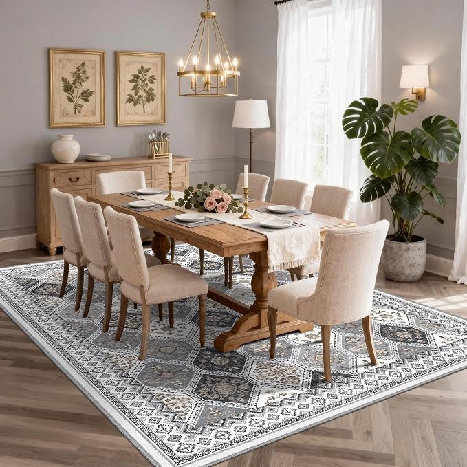 Area Rugs 9x12 Living Room, Non-Slip Vintage Boho Moroccan Rug, Gray/Gold | TTelephant Soft Low-Pile Printed Washable Area Rugs Gray Rug for Living Room, Bedroom, Dining Room
