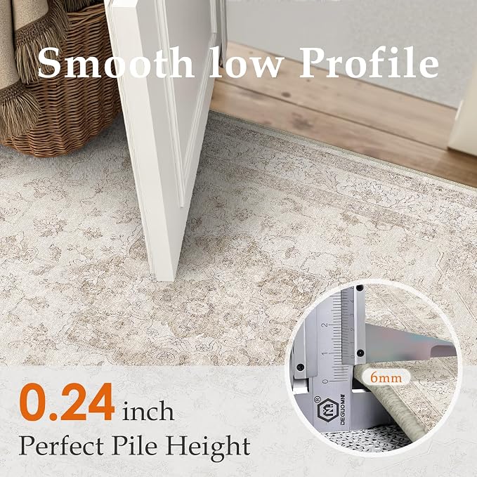 PureCozy Beige Area Rug 4x5 Washable Vintage Carpet Entryway Office Soft Retro Kitchen Low Pile Thin Door Mat Non Slip Oriental Medallion Throw Small Rug for Bathroom Bedroom Dining Living Room