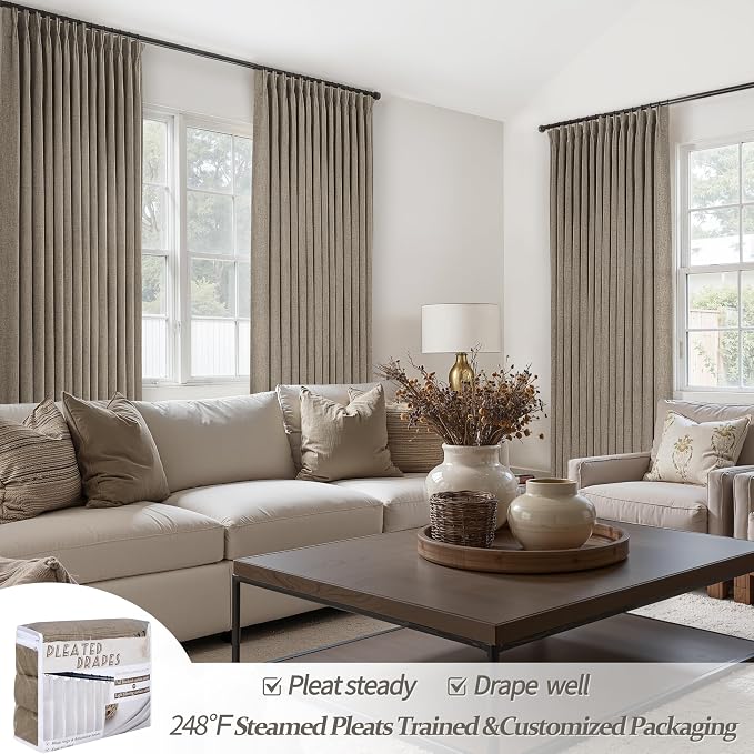 Pinch Pleated Light Filtering Dark Flax 60 Inch Wide Curtains 96 Inches Long for Living Room, Memory Trained Flax Linen Semi Sheer Curtain & Drapes Privacy Rustic Windows Burg 2 Panels Set 8 FT Length