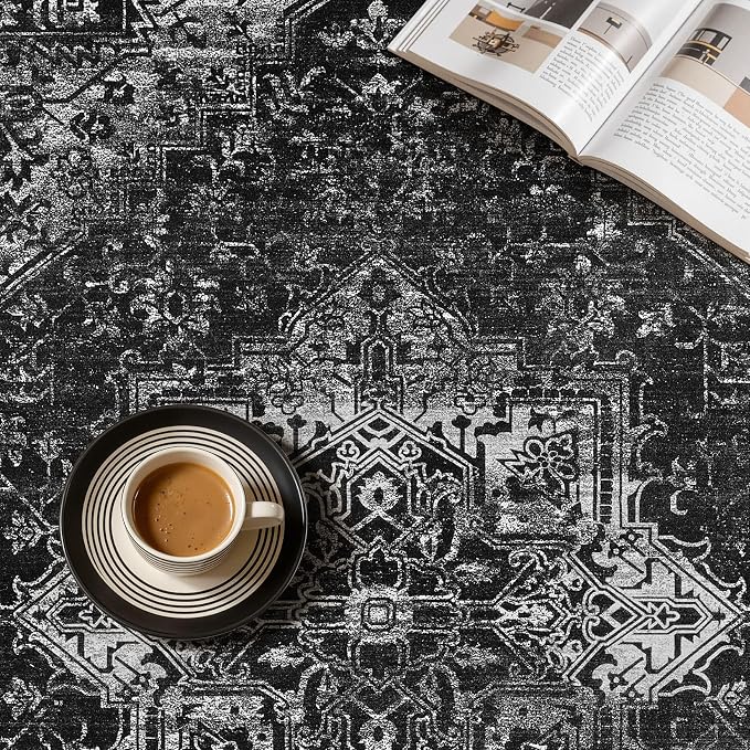 UERMEI 6x9 Area Rug Living Room Rugs - Washable Vintage Soft Large Rug Indoor Floor No Slip Rug Carpet for Bedroom Farmhouse Under Dining Table Home Office Decor - Black