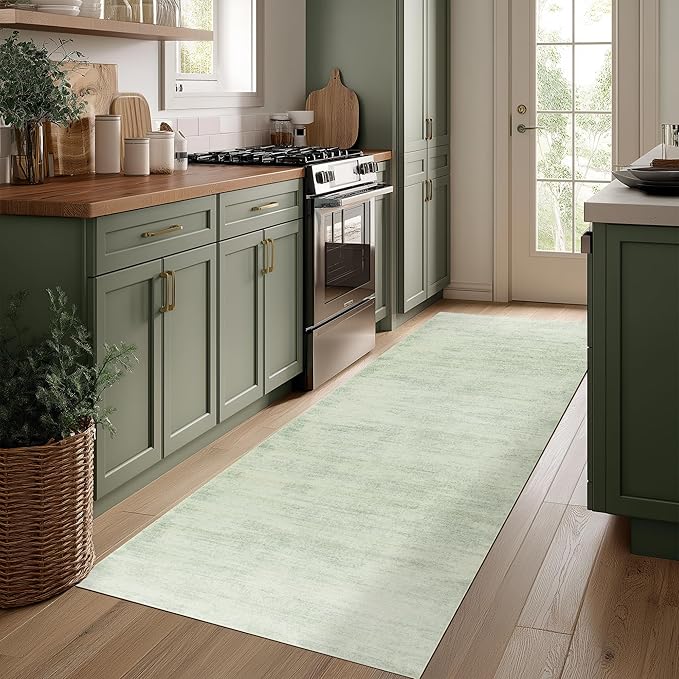 BILEEHOME Washable Runner Rug 2x6 Soft Modern Abstract Green Kitchen Rugs | Light Sage Ombre, Neutral Boho, Low Pile Floor Covering Carpet, with Foldable Non Slip, for Bedside Bathroom Laundry Room