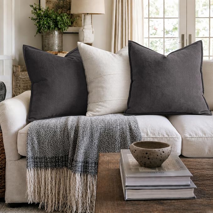 ZWJD Rustic Gray Pillow Covers 24x24 Set of 2 Chenille Throw Pillow Covers with Elegant Design Soft and Luxurious Decorative Throw Pillows for Couch, Bed, and Home Decor