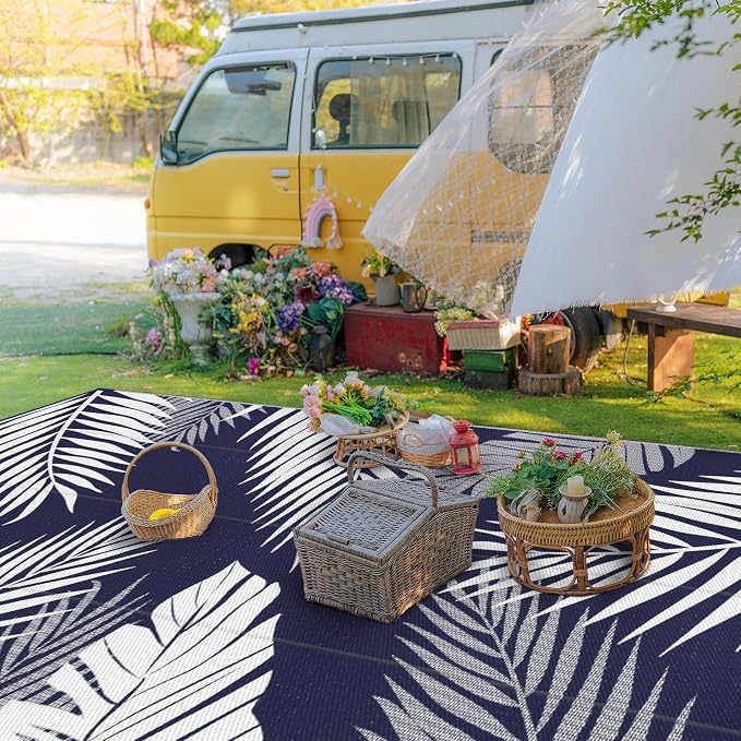 GENIMO Outdoor Rug, Waterproof Plastic Rugs 9'x18' for Camping Blue White | Outside Larger Leaf Carpet Mat for Patio Decor, RV, Porch, Camper, Deck, Picnic, Beach, Backyard, Reversible, Foldable