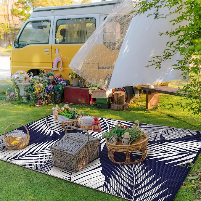 GENIMO Outdoor Rug, Waterproof Plastic Rugs for Patio, 6'x9' Blue White | Outside Larger Leaf Carpet Mat for Porch Decor, Deck, Balcony, Camping, RV, Backyard, Picnic, Beach, Reversible, Foldable