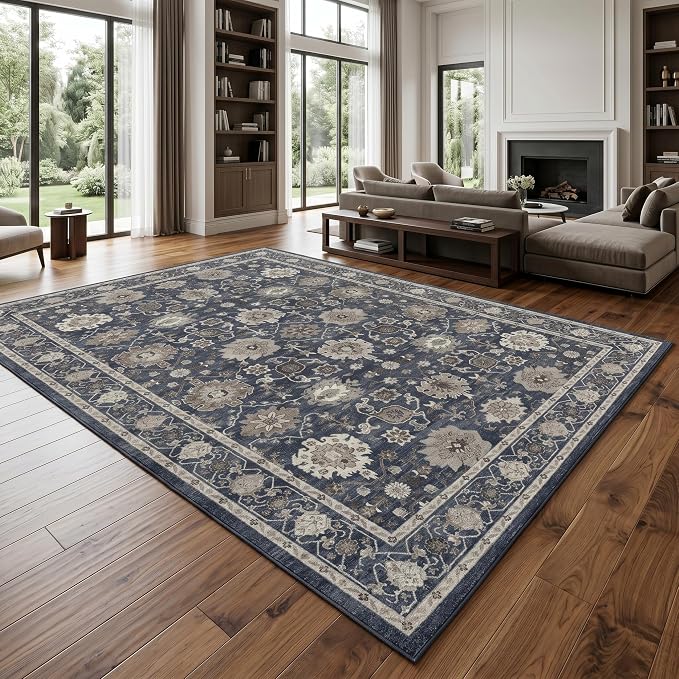 AMADA HOMEFURNISHING 9x12 Area Rug for Living Room, Vintage Washable Area Rug Low-Pile & Non-Slip Carpet for Bedroom Dining Room Nursery Home Office, Navy Blue/Brown