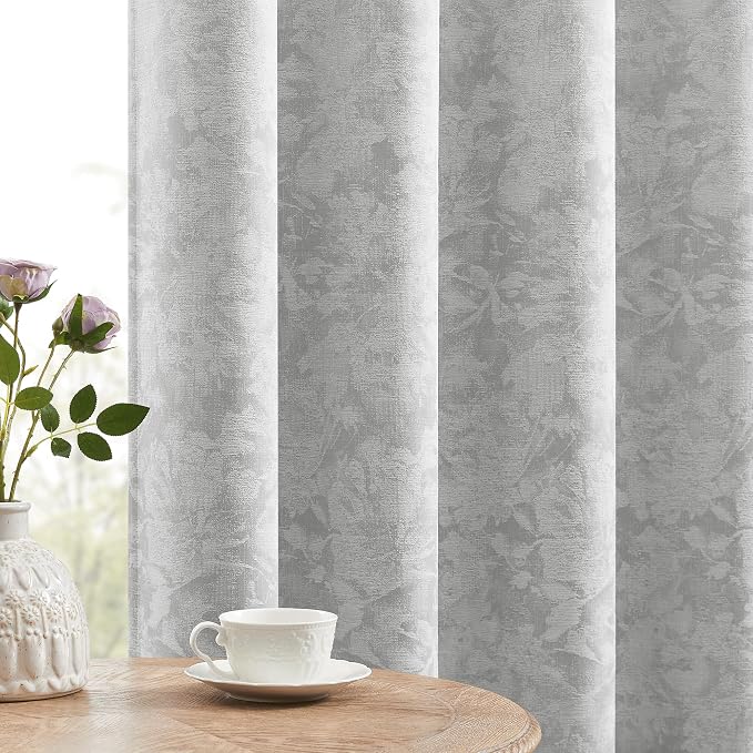 Beauoop Grey Floral Jacquard Blackout Curtains for Bedroom 52x90 2 Panels | Flower Chenille Room Darkening Drapes for Living Room 90 Inch Long Thermal Insulated Soundproof Window treatment Rod Pocket