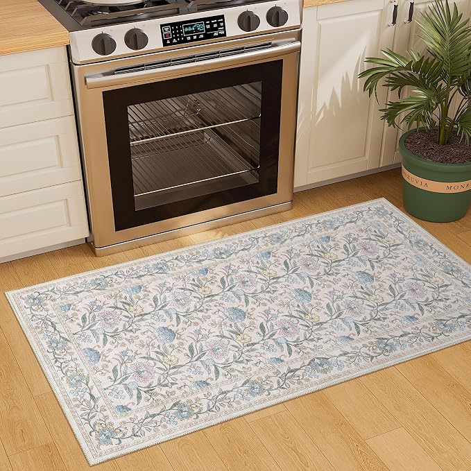 DUKINO 2x4 Rug, Washable Vintage Floral Entryway Rug Non Slip, Cream Blue | Low Pile, Non-Shedding, Stain Resistant Boho Lightweight Soft Indoor Carpet for Kitchen Bathroom Hallway Laundry Farmhouse