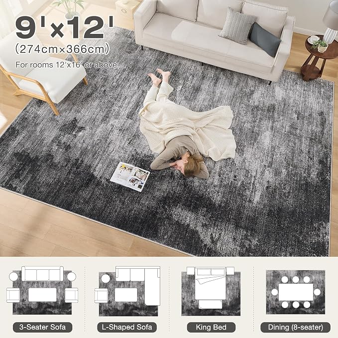 DMOYEST 9x12 Area Rug for Living Room, Washable & Non Slip Large Indoor Carpet, Kid & Pet Friendly Soft Thin Low Pile Abstract Rug for Bedroom and Office - Dark Grey Blue
