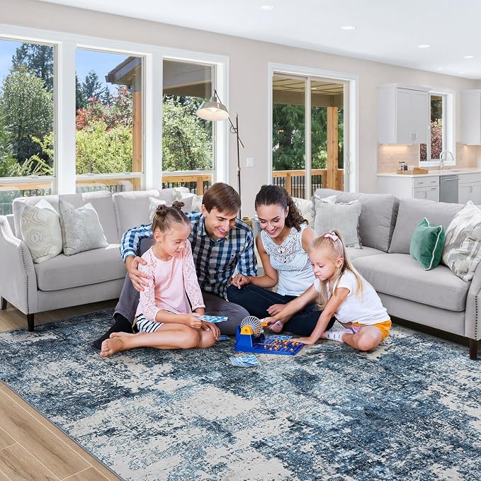 Washable Rug 6x9 Area Rugs: Soft Large Living Room Rug with Anti-Slip Backing Non-Shedding Stain-Resistant Modern Abstract Carpet for Bedroom Dining Room Nursery Home Office-Blue