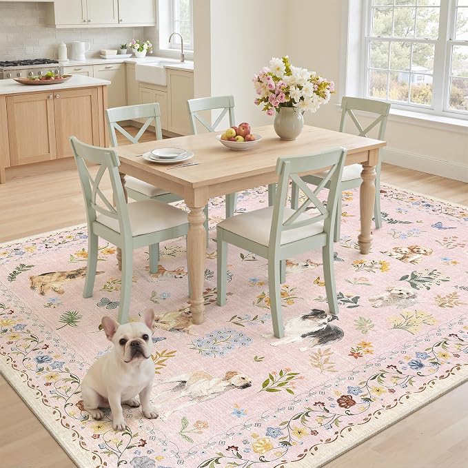 Soalmost Dog 6x9 Pink Area Rugs for Baby Girl Nursery, Washable Soft Rug | Floral Vintage Non-Slip Low Pile Cute Throw Rugs for Living Room Kitchen Dining Room Bedroom Nursery Playroom 5' x 7'